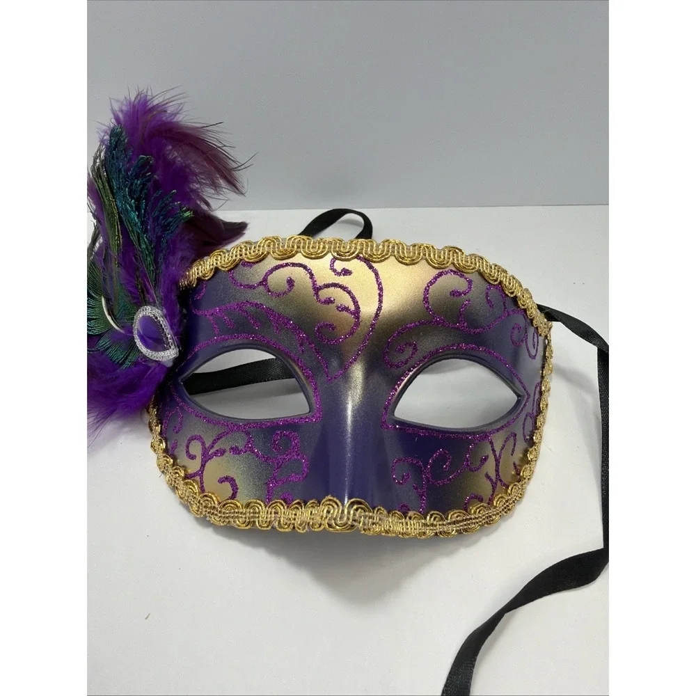 Purple and Gold Venetian-style masquerade mask adorned with peacock feathers